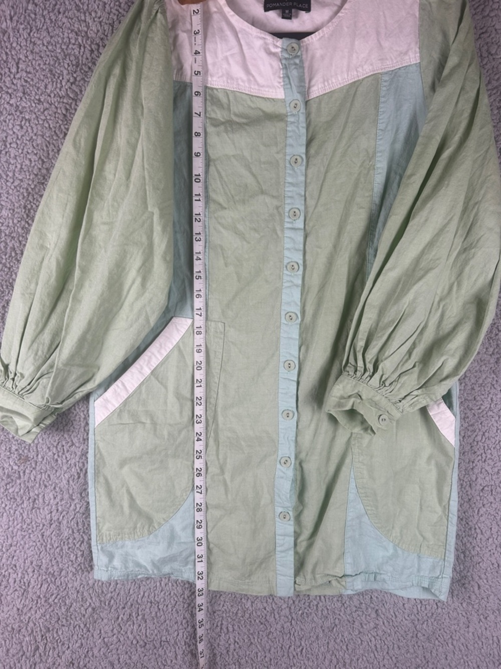 Pomander Place Puff Long Sleeve Button Front Shift Mint Green White Dress Size M - Picture 11 of 16
